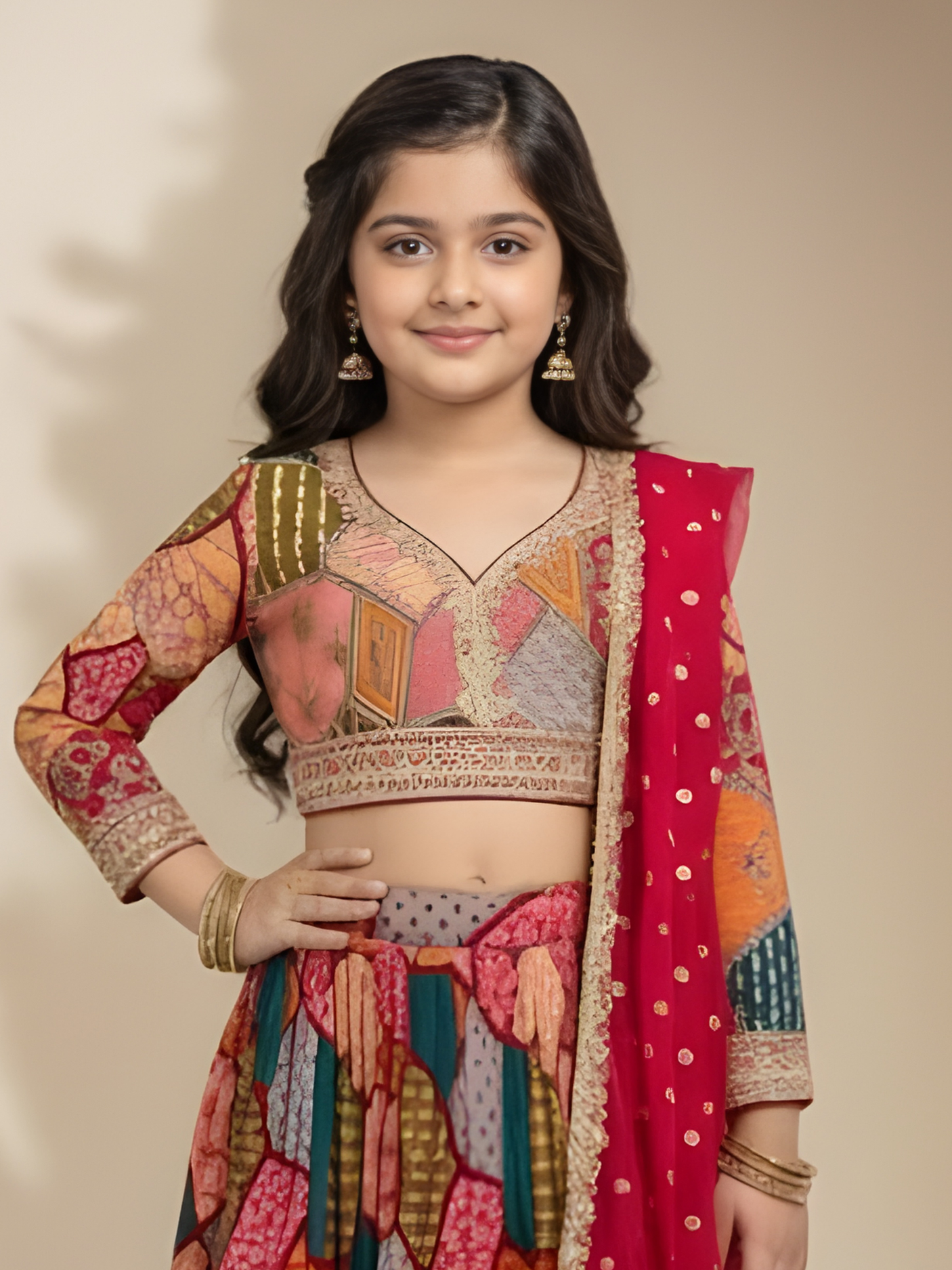 Girls' Deep Pink Floral Print Crop Top (Choli) and Striped Lehenga Set