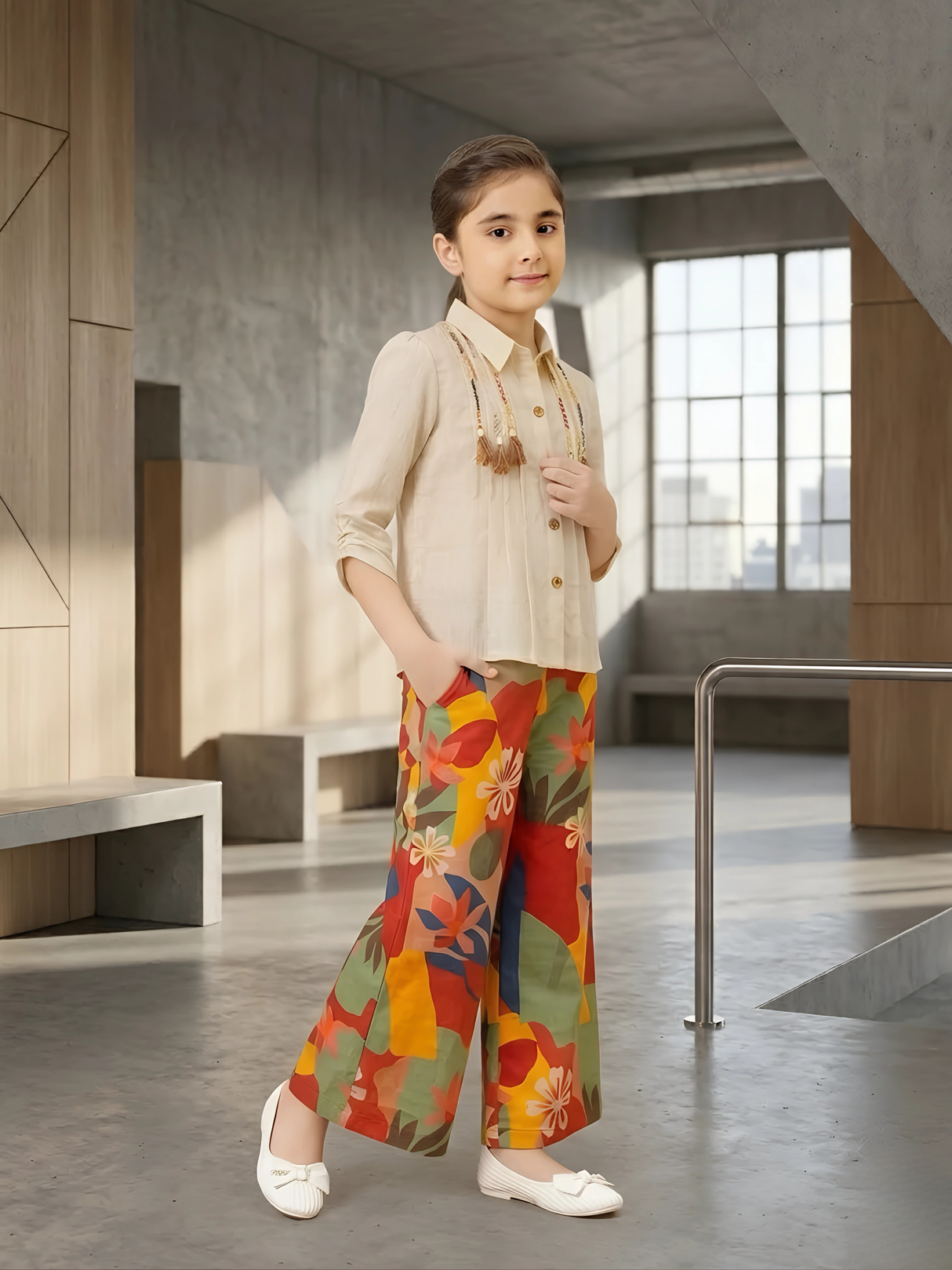 Girls' Cream Tassel Shirt and Floral Palazzo Set