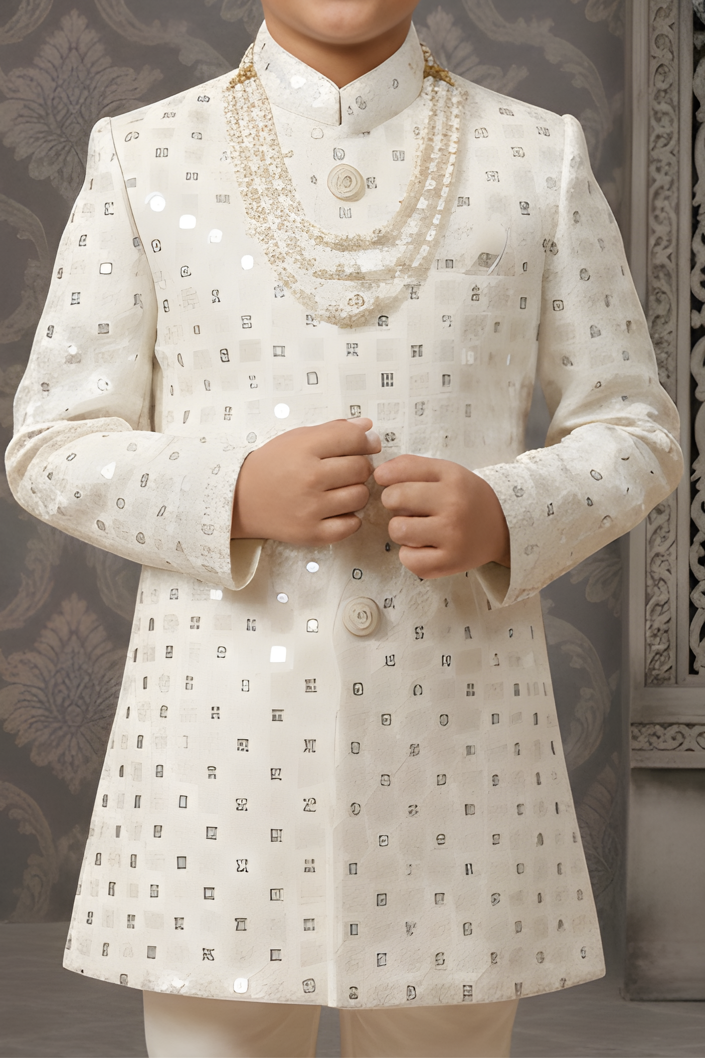 Boys' Ivory Cream Heavily Embellished Sherwani with Pearl Accessory