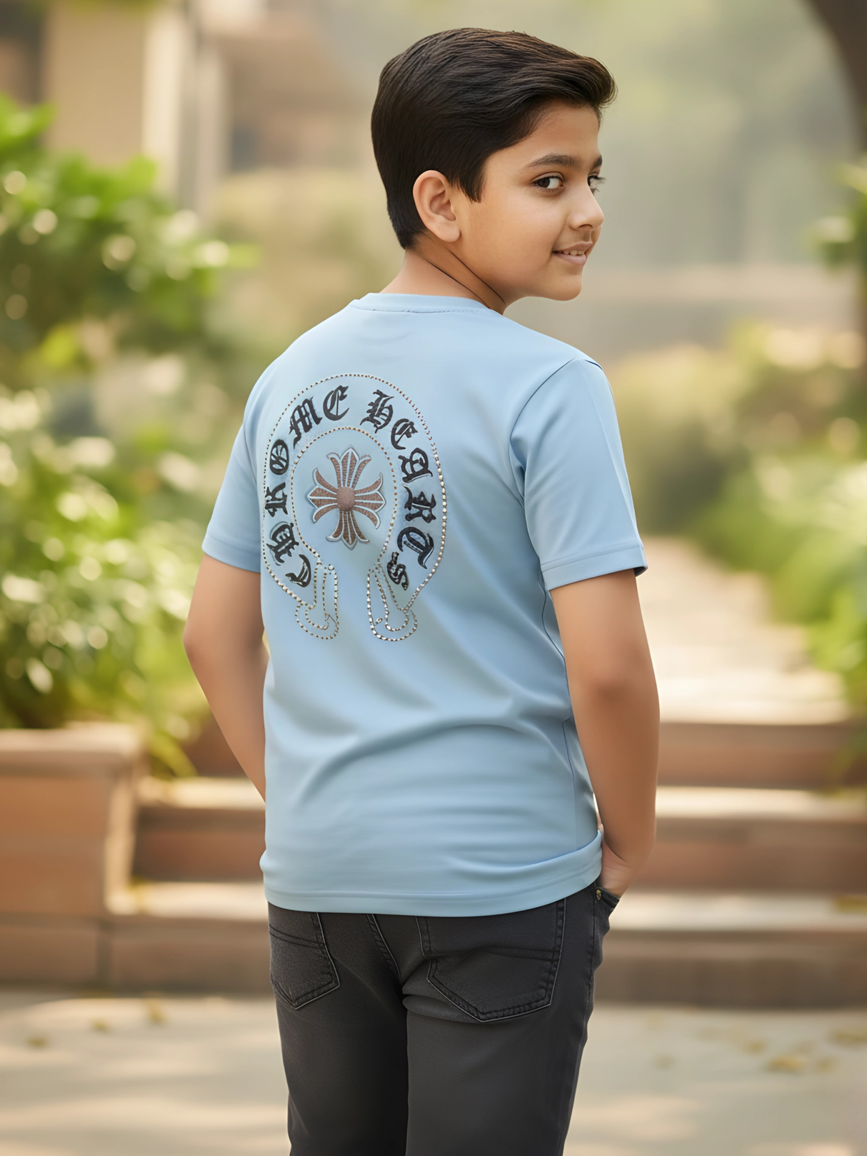 Kids' Cross Logo Streetwear T-Shirt - Light Blue Short Sleeve Tee.