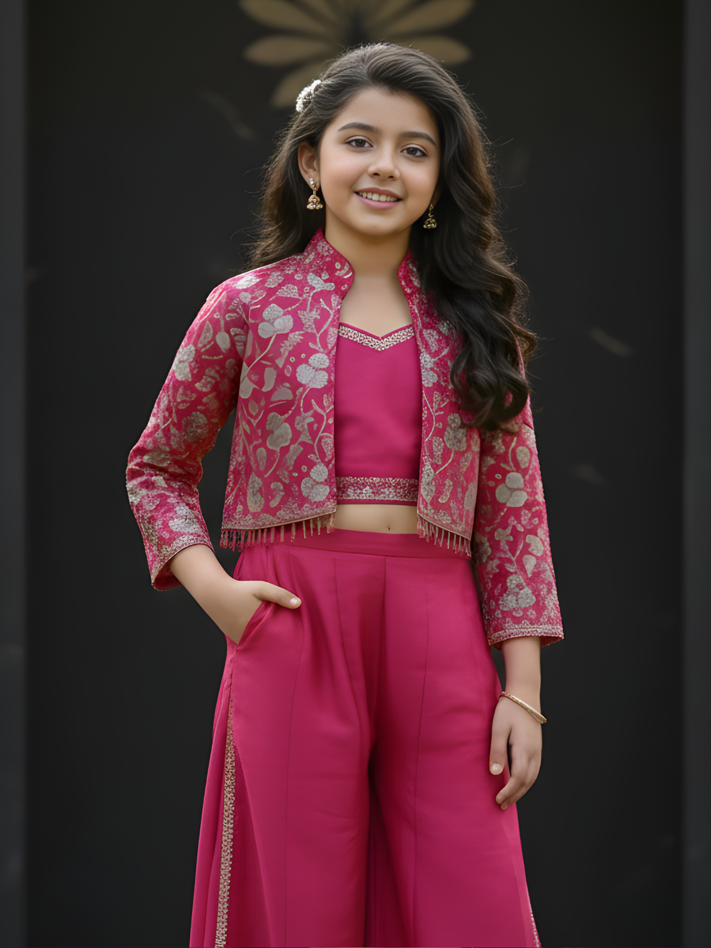 Girls Rani Pink Embroidered Jacket and Palazzo Set