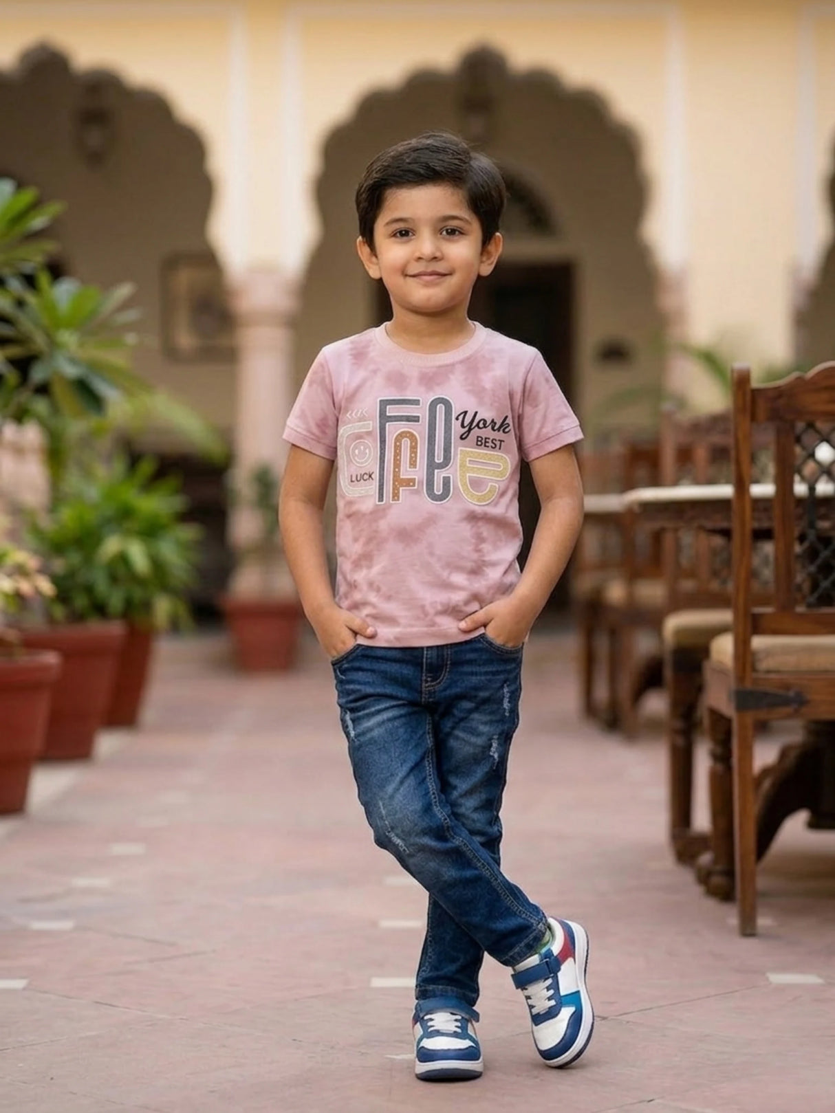 Boys Peach Tie-Dye Graphic Print T-Shirt