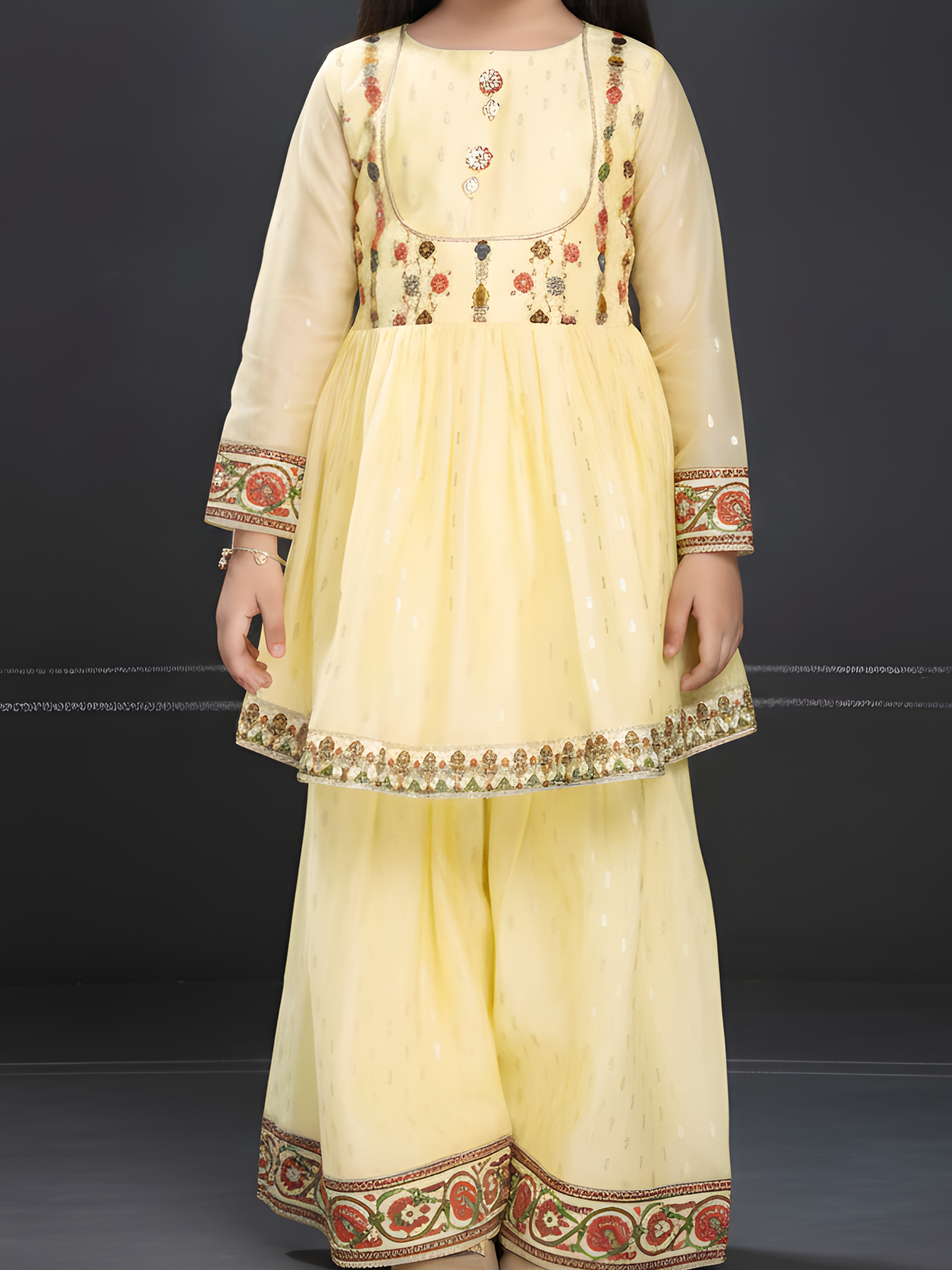 Girls Traditional Full Sleeves Sharara Set - Yellow