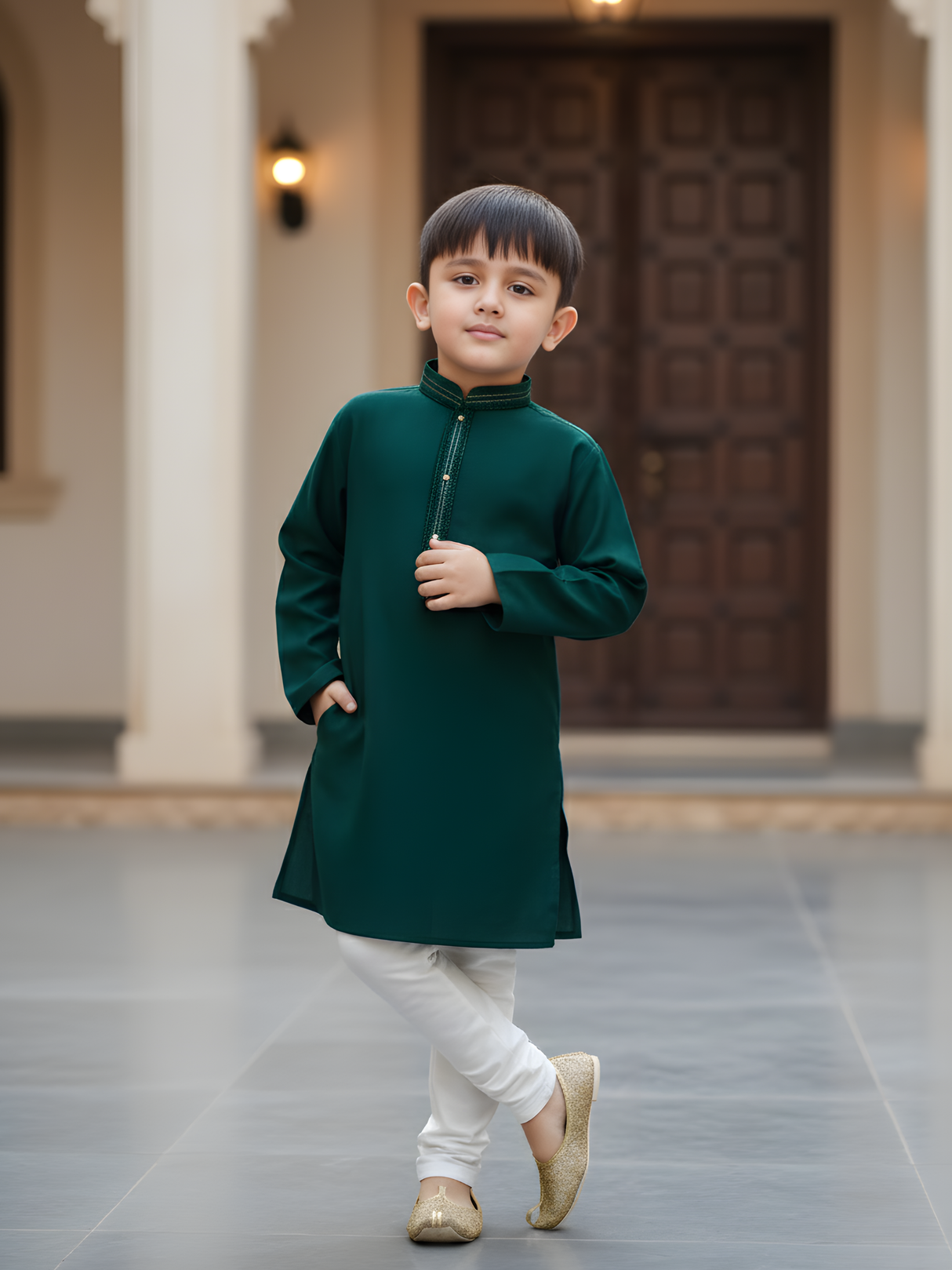 Boys' Bottle Green Kurta Pajama Set with Gold Neck Embroidery