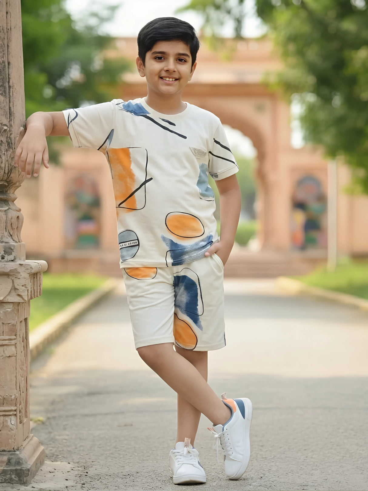 Boys Abstract Print Premium Cream Cotton Relaxed Fit Coordinate Set