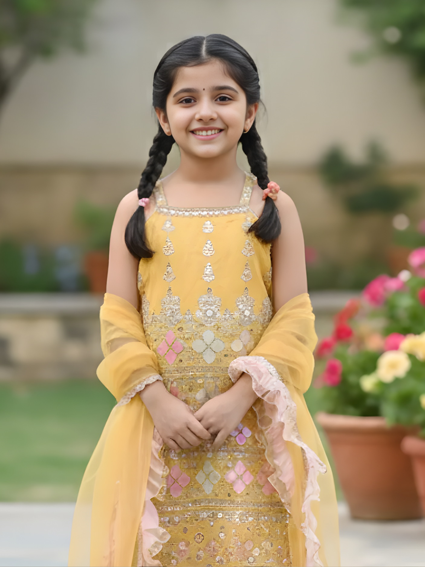 Girls Mustard Yellow Embroidered Sharara Set with Ruffled Dupatta