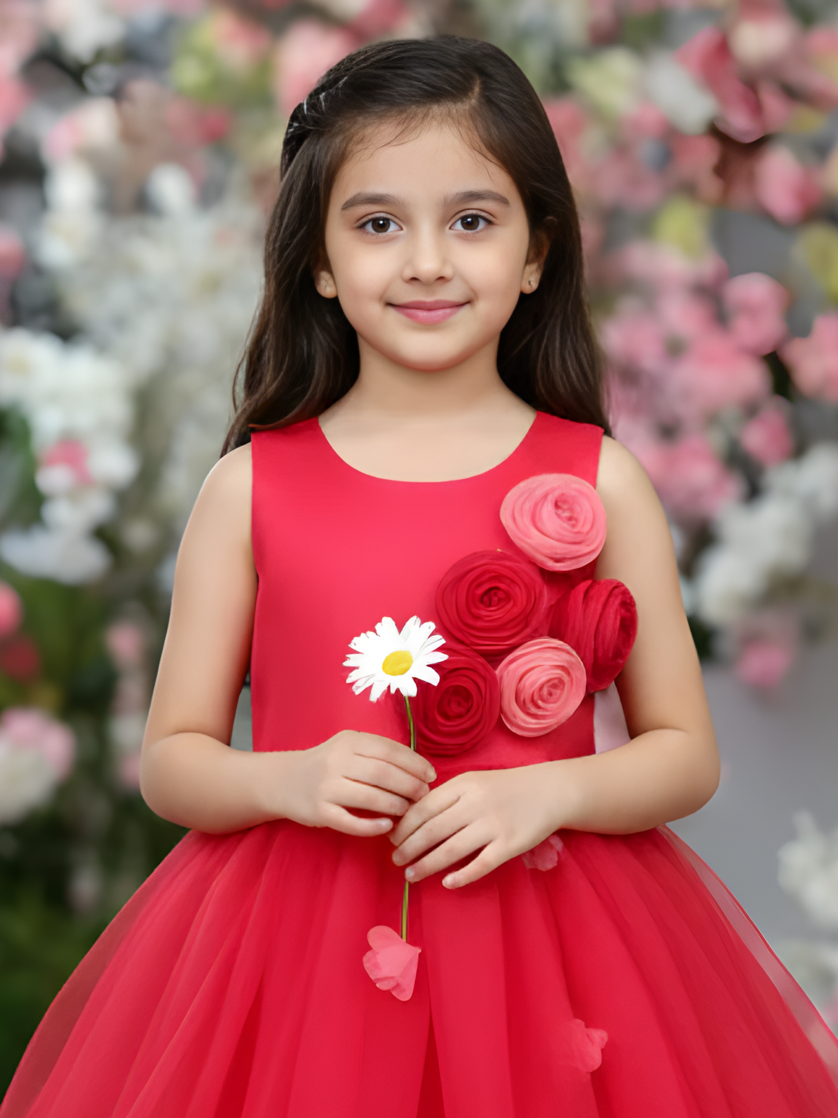 Girls Party Heavy Party Frock With Work - Red