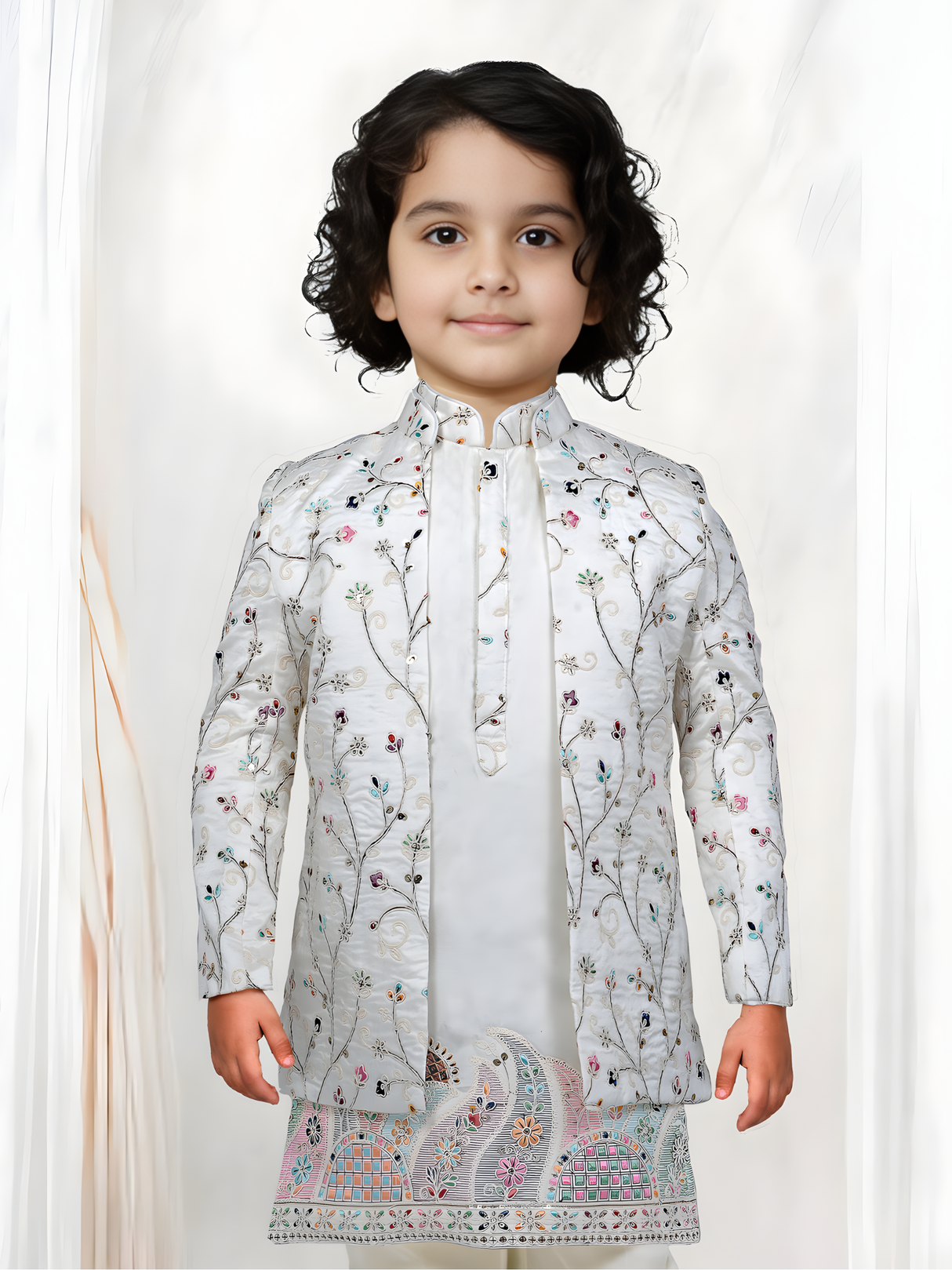 Cream Embroidered Kurta Set with Floral Jacket for Boys
