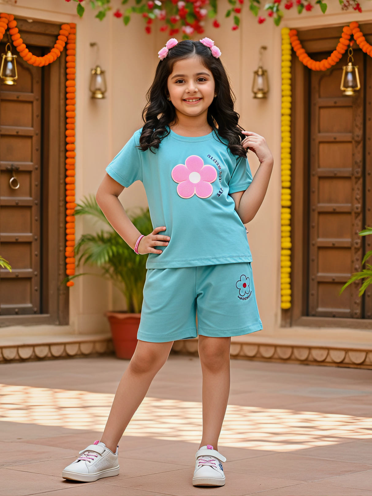 Girls' Floral Appliqué Cotton Co-ord Set in Blue