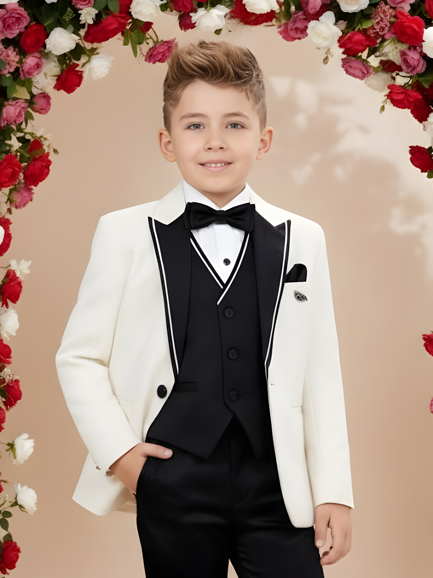 Boys' Cream/White Tuxedo Coat Suit with Black Trousers and Bow Tie