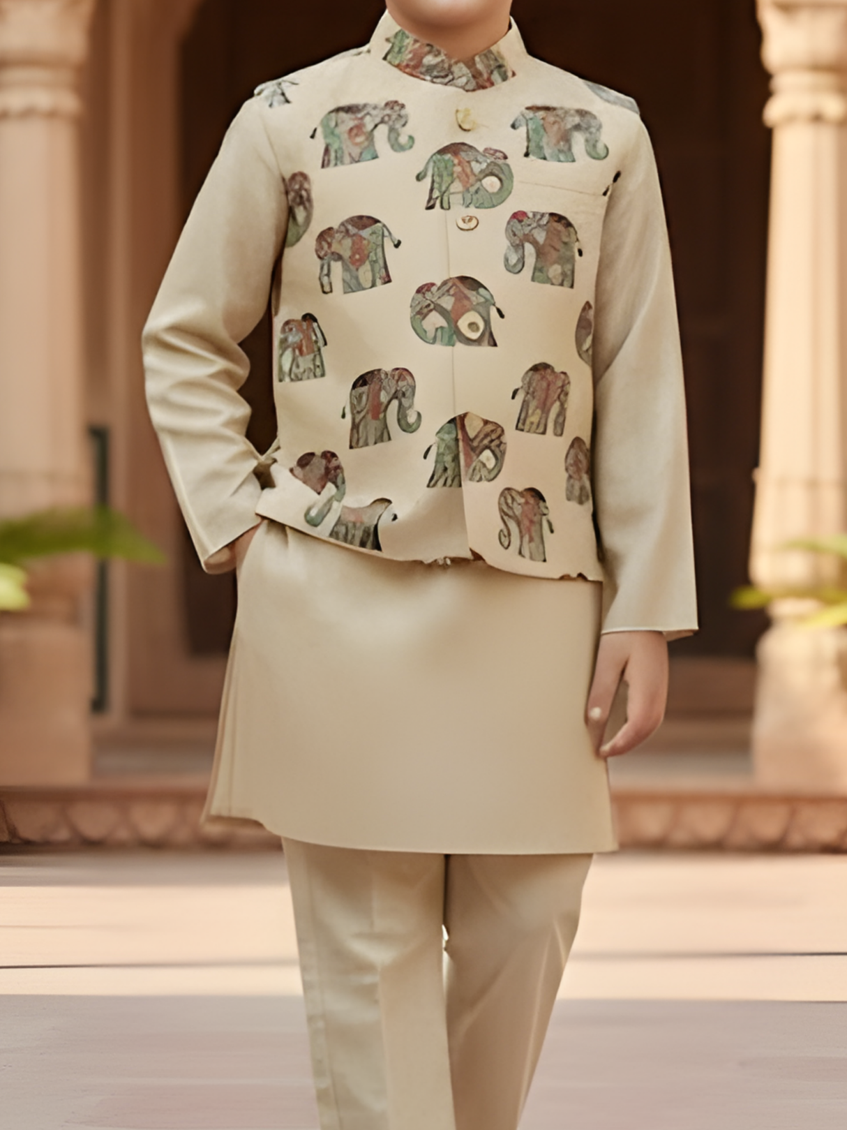 Boys Cream Kurta Set with Elephant Print Nehru Jacket