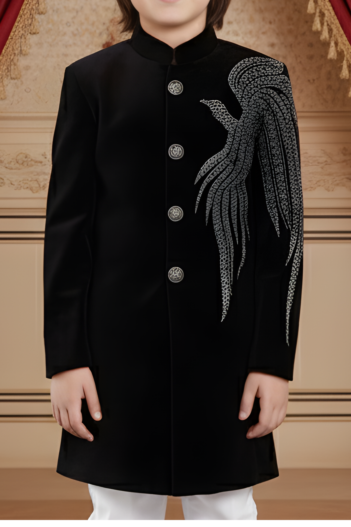 Black Velvet Achkan Suit with Silver Wing Embroidery for Boys
