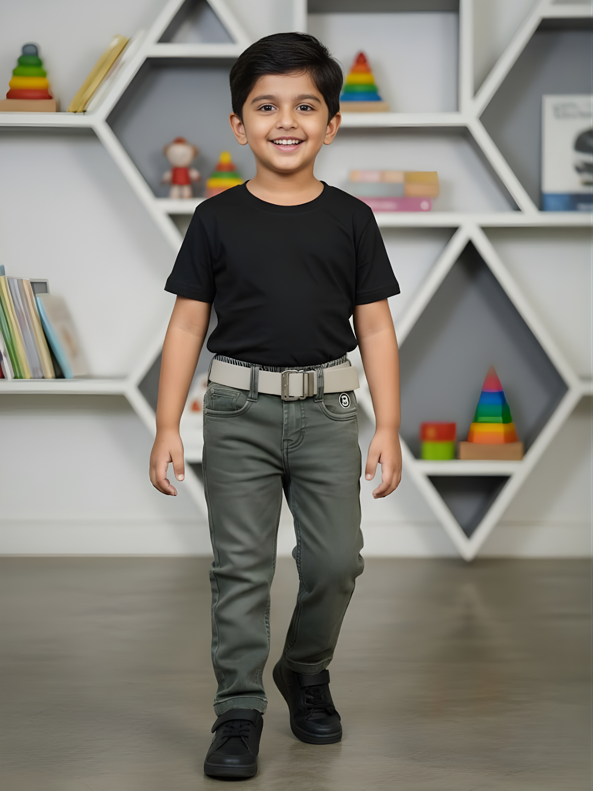 Boys' Stylish Olive Green Jeans with Complimentary Belt