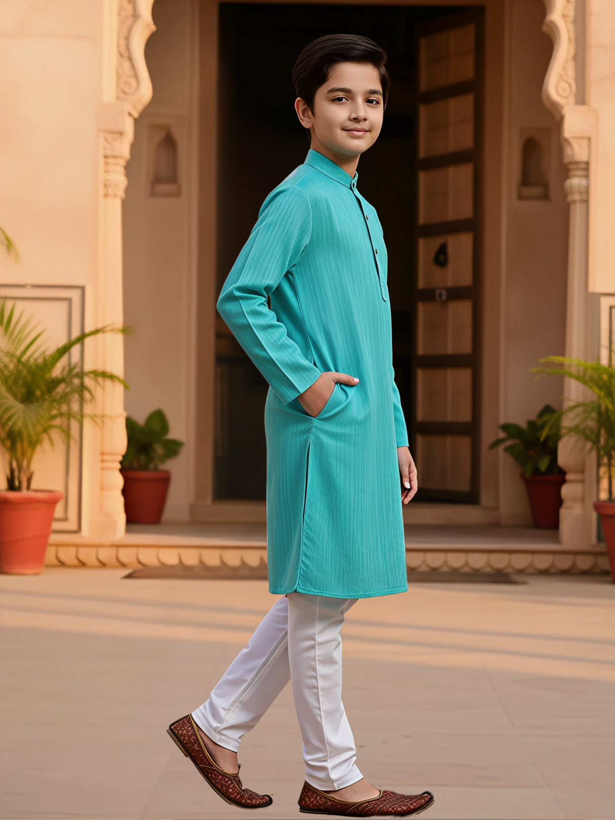 Boys Elegant Green Cotton Kurta Set with White Pajama