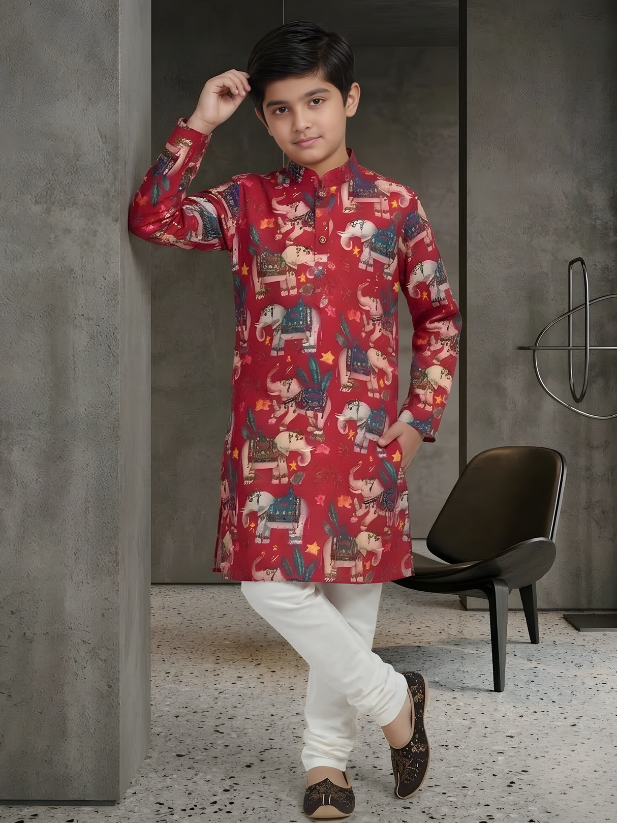 The Festive Parade Elephant Printed Kurta (Rani Pink/Red).