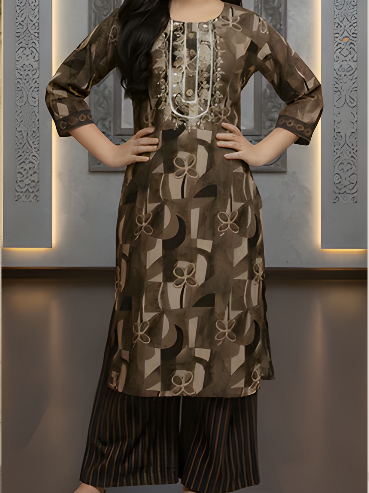 Girls' Festive Olive Green Tunic and Palazzo Set