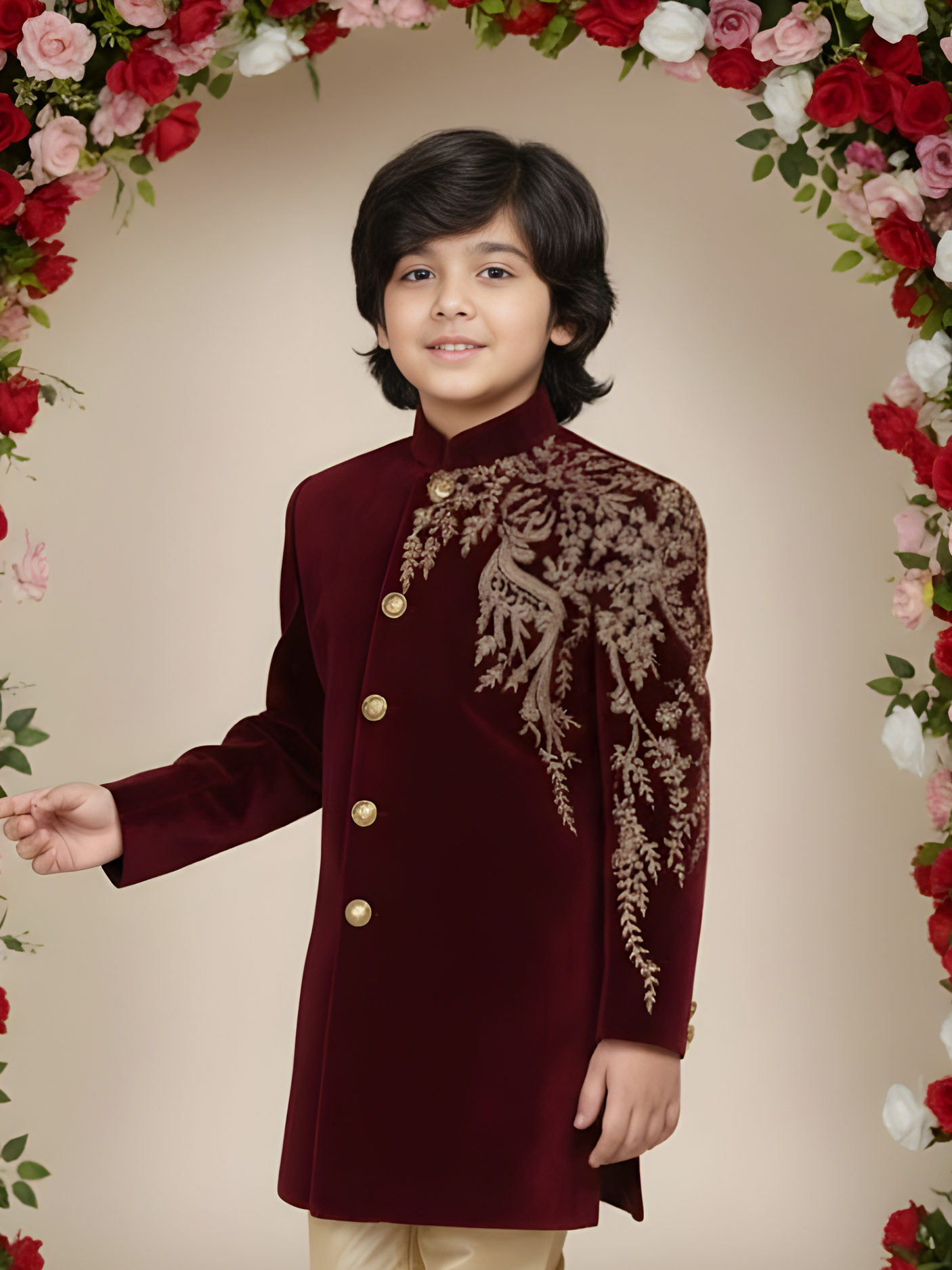 Boys' Maroon Velvet Indo-Western Sherwani with Gold Embroidery and Silk Trousers