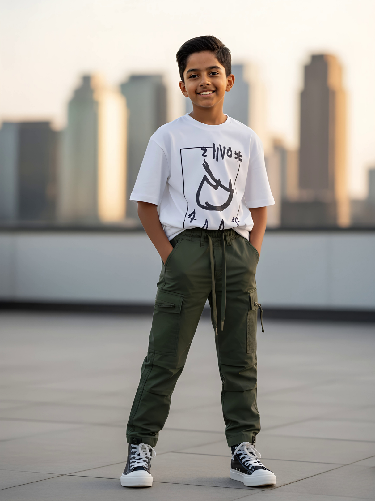 Boys' Olive Green Casual Utility Pants with Elastic Waist