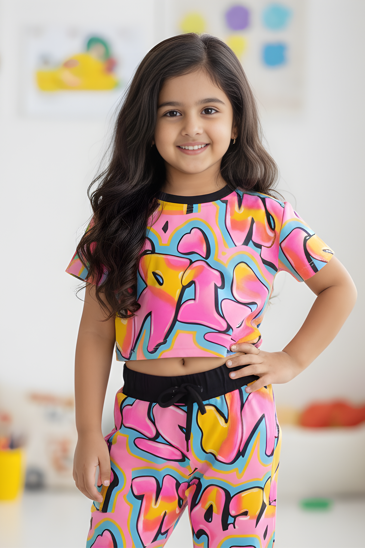 Girls Casual Printed Half Sleeves Track Pant Set - Pink