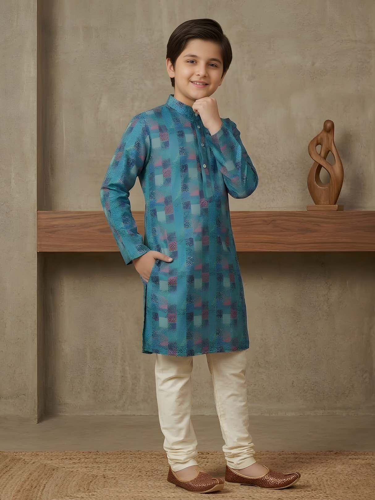 Boys' Green & Blue Festive Geometric Print Kurta with Cream Pyjama Set.