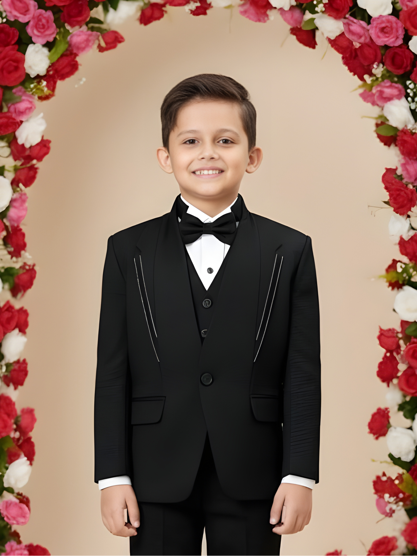 Boys' Black Textured 3-Piece Tuxedo Suit Set with Bow Tie