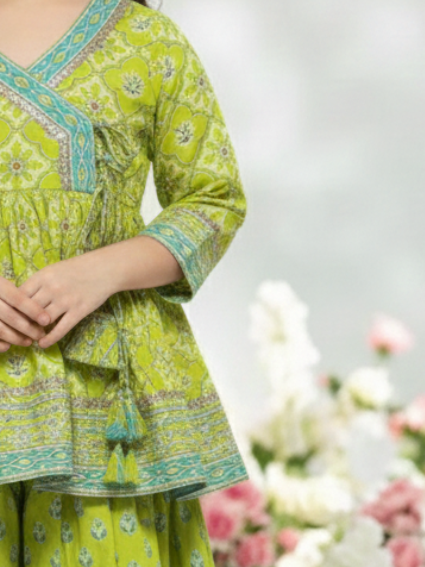 Girls' Elegant Teal Floral Print Angrakha Kurti, Trouser & Dupatta Set