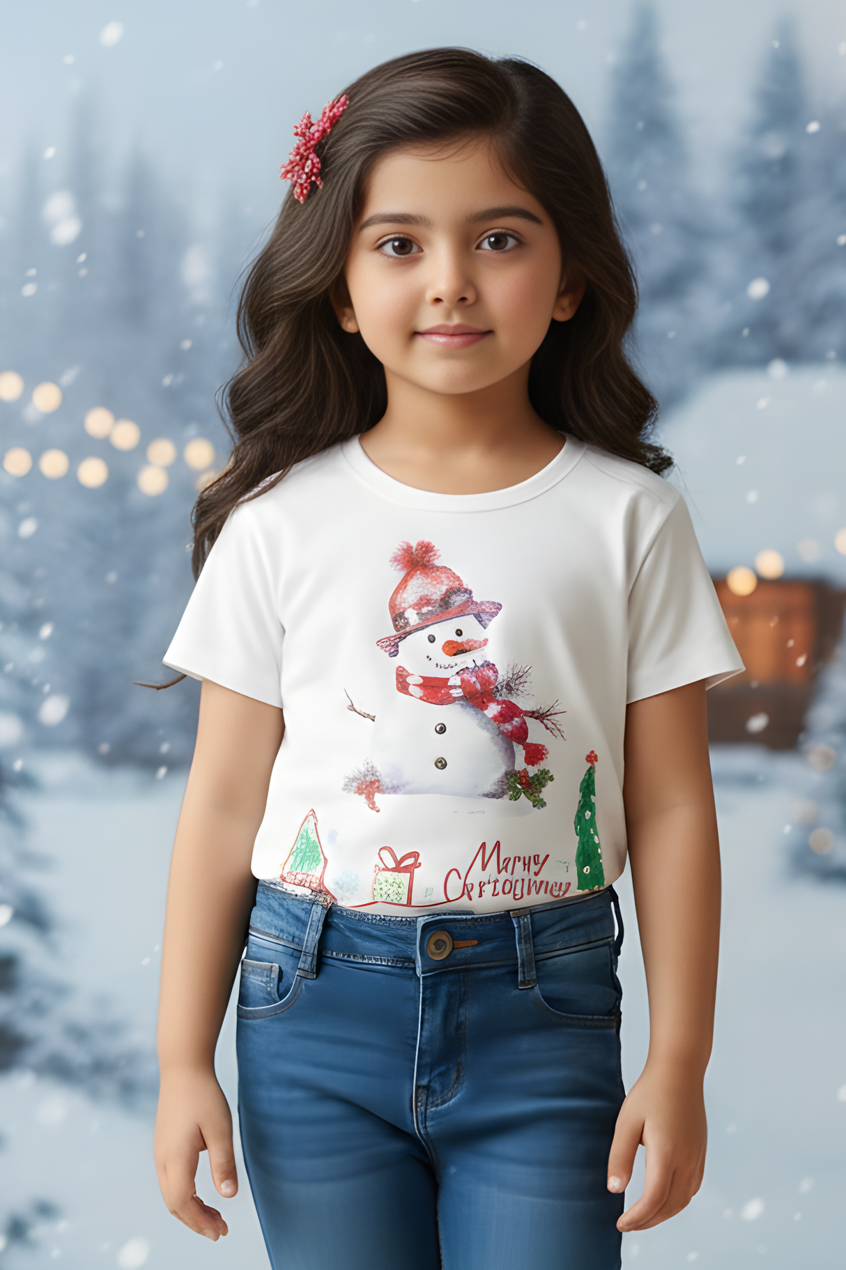 Girls' Merry Christmas Snowman Print White Cotton T-Shirt