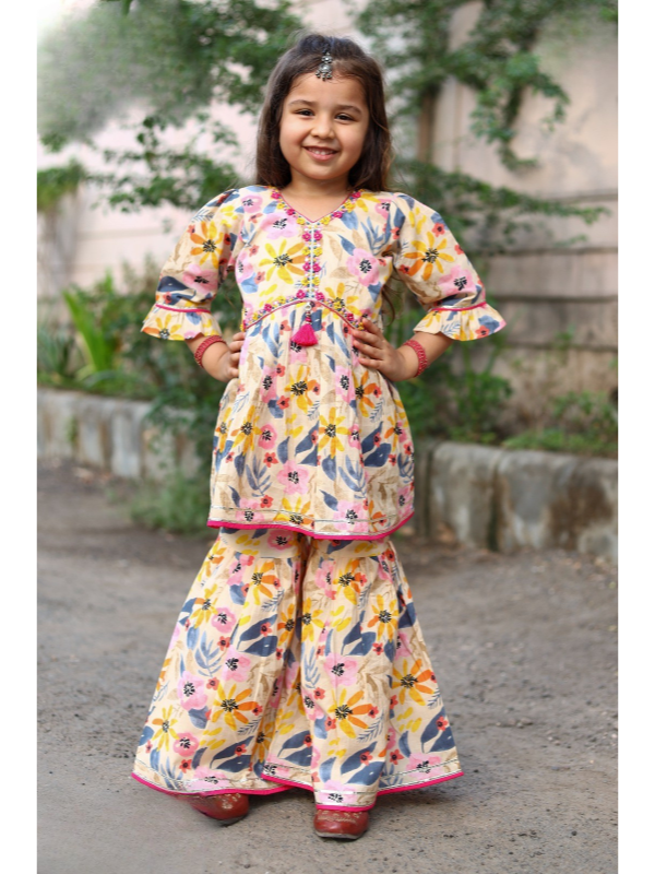 Girls Traditional Half Sleeves Sharara Set - Yellow