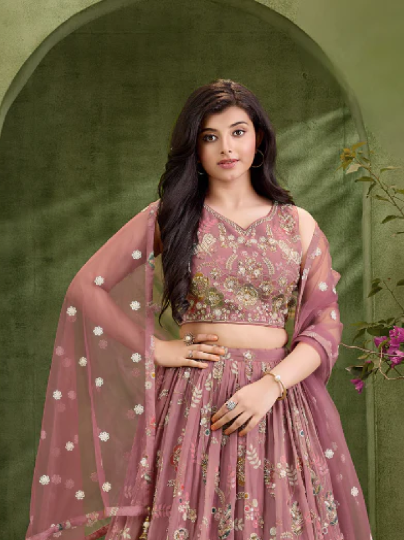 Girls' Dusty Rose / Mauve Heavily Embroidered Net Lehenga Choli Set