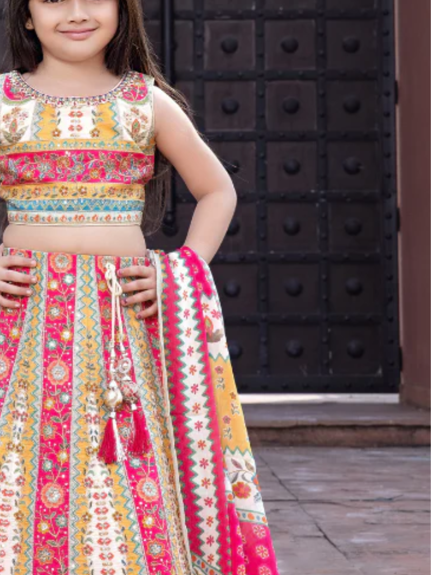 Girls' Cream & Pink Printed Crop Top Lehenga Choli Set