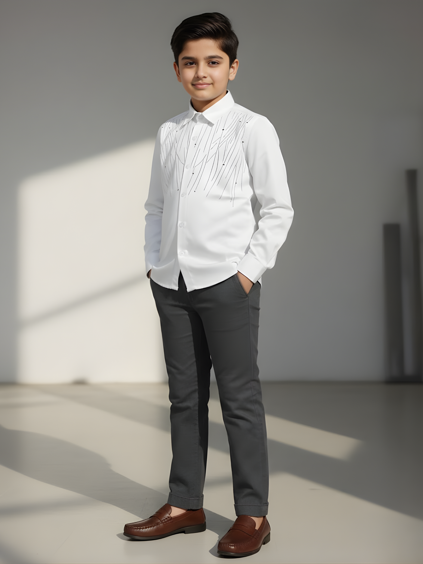 Boys White Tonal Embroidered Party Wear Shirt