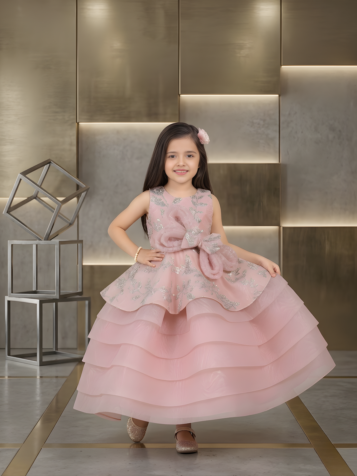 Girls' Layered Princess Party Frock with Bow Detail (Dusty Pink)