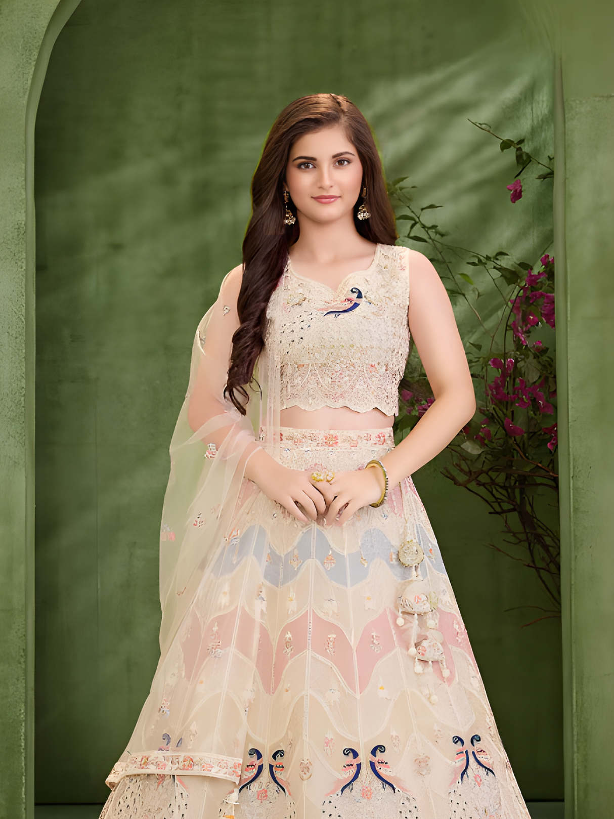 Girls' Cream Beige Lehenga Choli with Pastel Peacock Embroidery