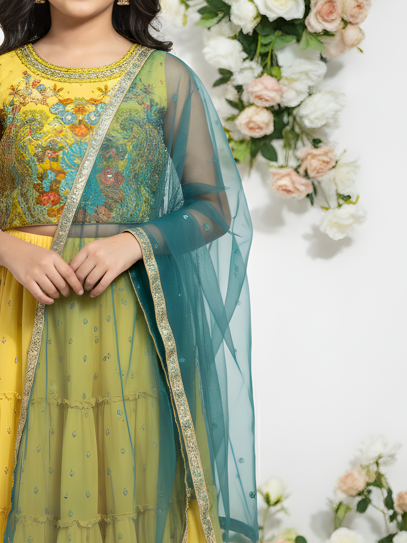 Girls' Heavily Embroidered Yellow Choli, Tiered Skirt, and Teal Dupatta Set