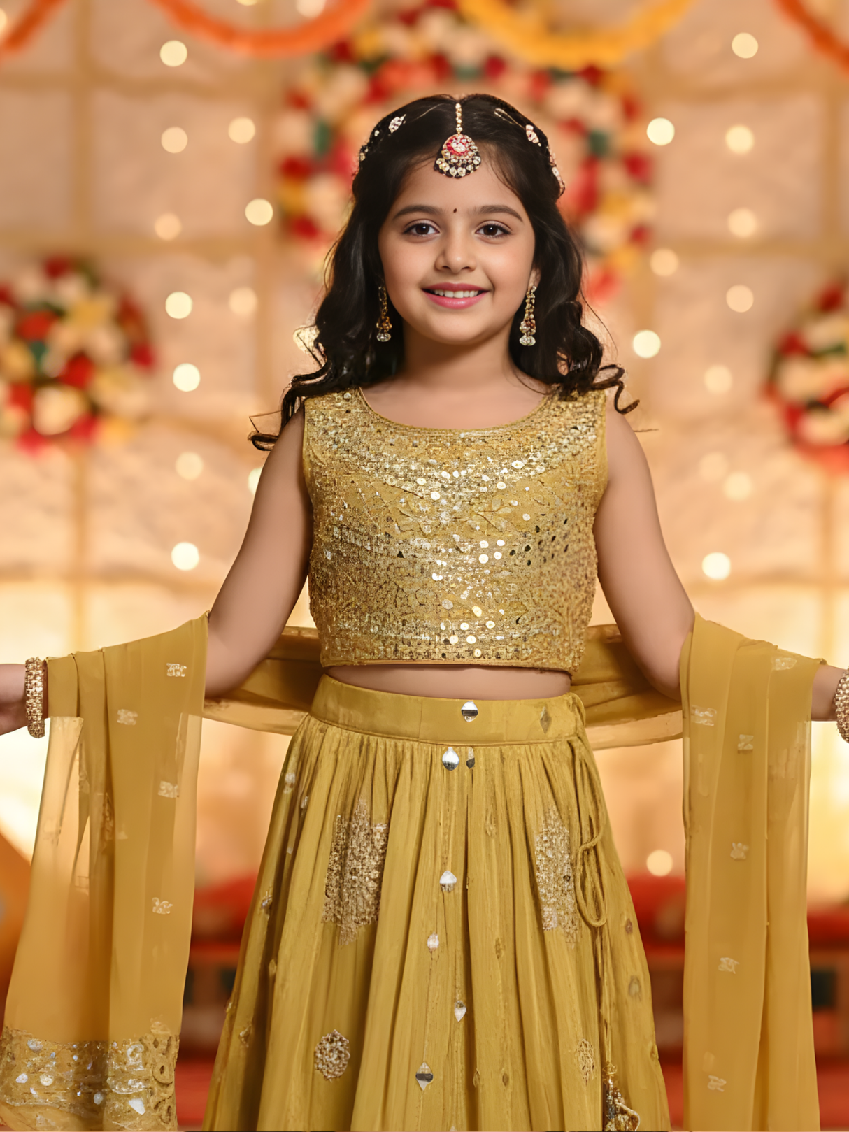 Girls Mustard Yellow Mirrored Lehenga Choli Set with Dupatta