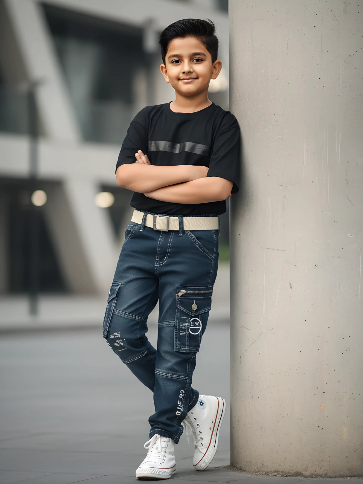 Boys Dark Blue Multi-Pocket Denim Cargo Jeans