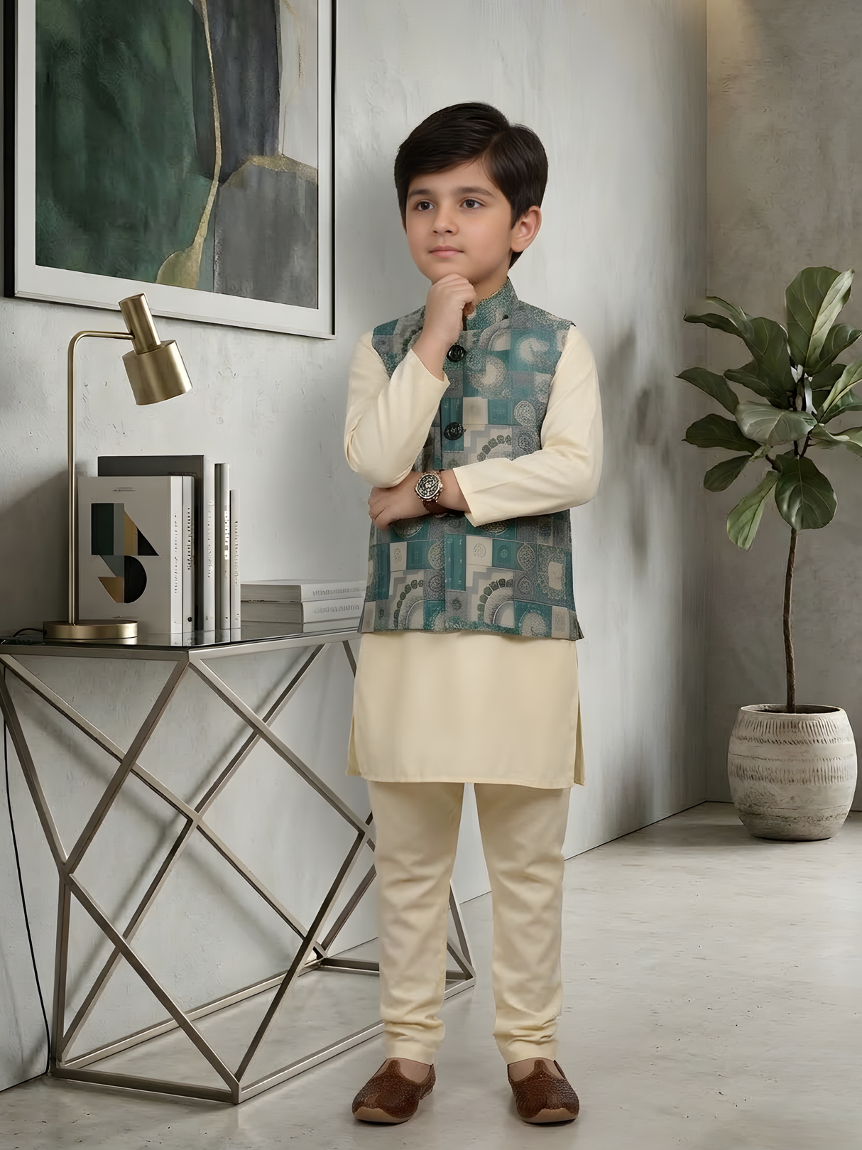 Kids Cream Kurta with Printed Green Nehru Jacket
