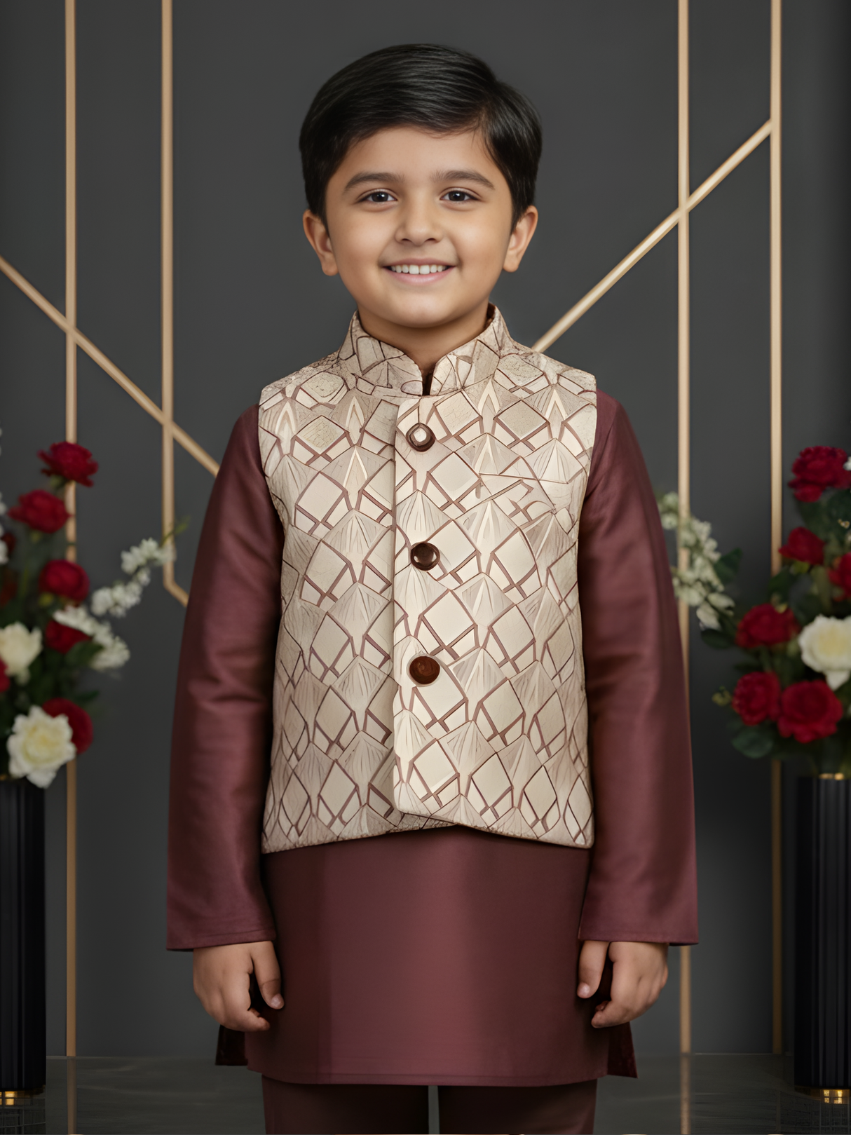 Boys Cream & Brown Ethnic Kurta Set with Geometric Printed Nehru Jacket