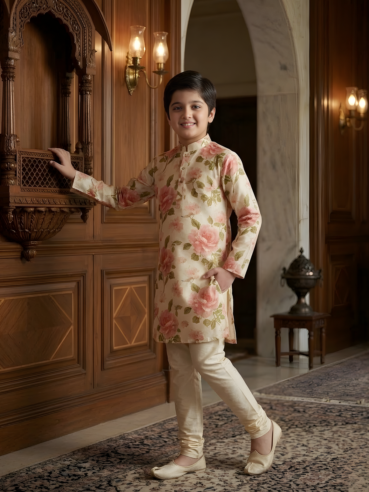 Boys' Cream-Base Full-Sleeve Kurta Set with Large Abstract Floral Print