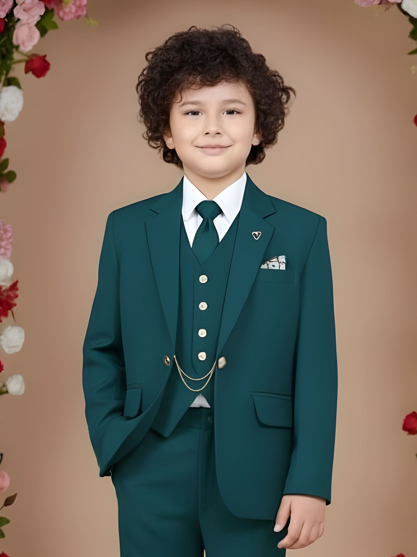 Boys' Teal Blue 5-Piece Formal Suit Set with Vest and Tie