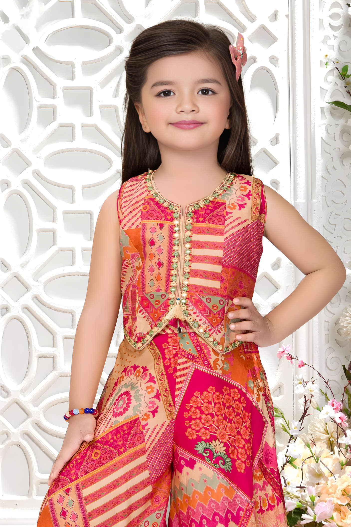Girls' Peach Floral Embroidered Top and Sharara Set