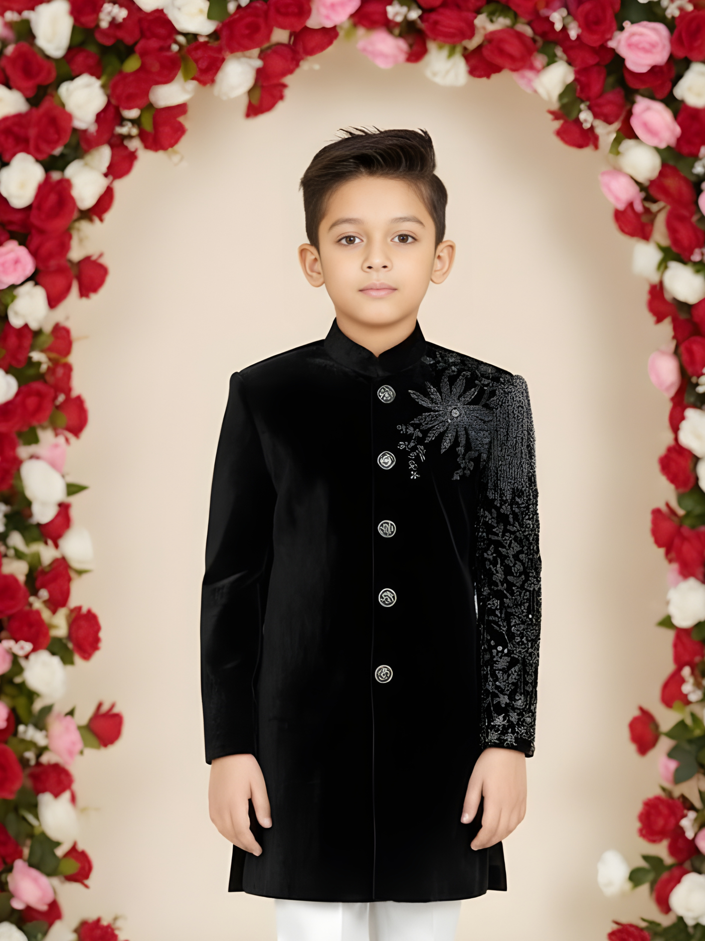 Boys' Black Velvet Achkan Suit with Heavy Thread and Zari Embroidery