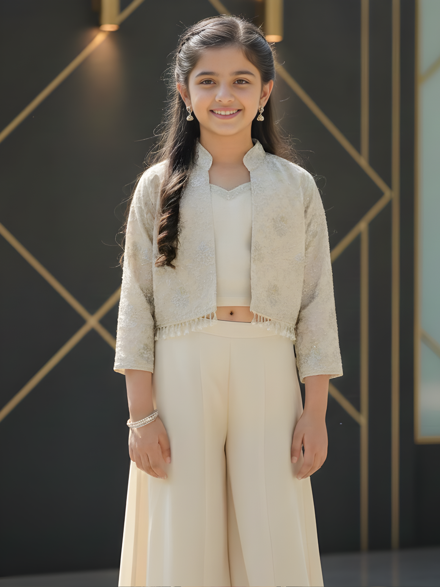 Girls Cream Pearl-Accent Embroidered Jacket and Palazzo Set