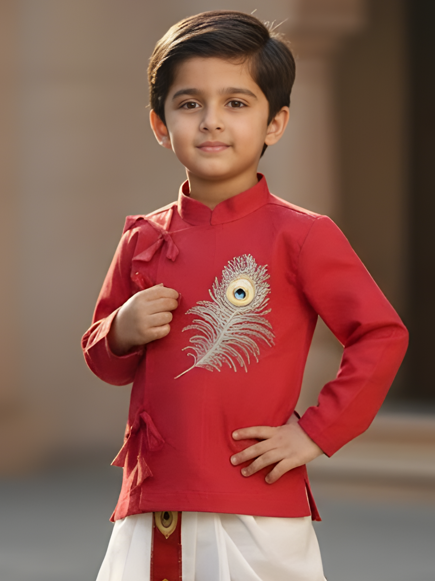 Boys Vibrant Red Angrakha Kurta with Dhoti Set - Peacock Feather Motif