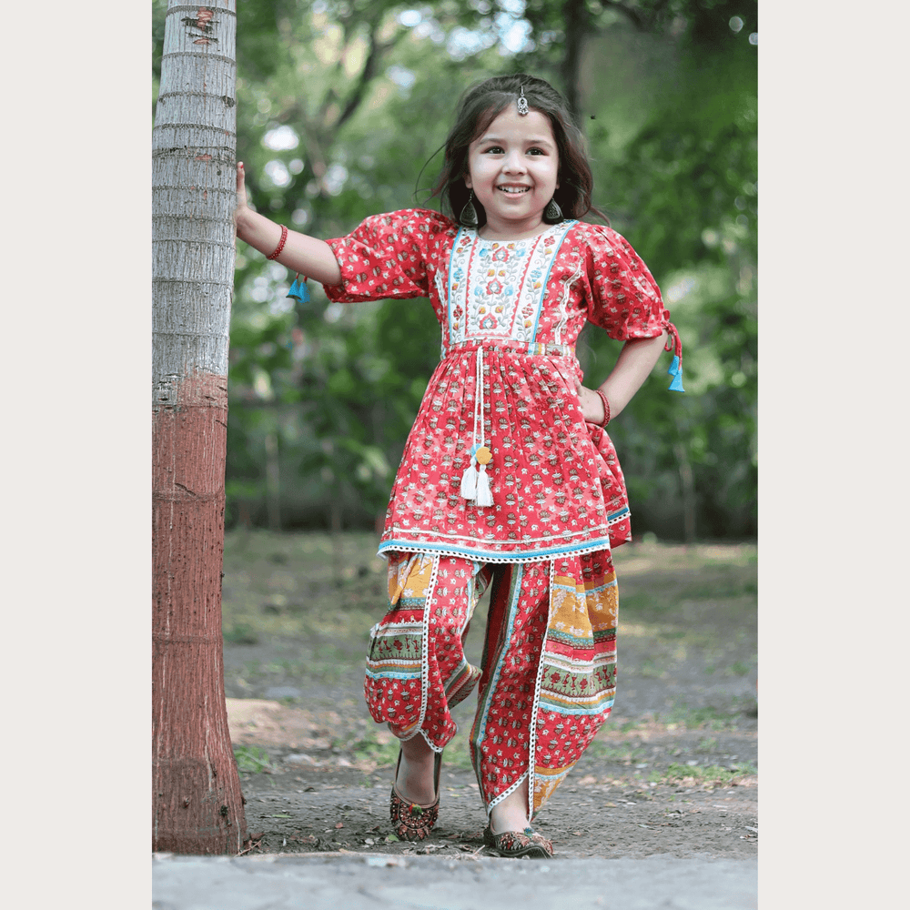 Girls Traditional 3/4th Sleeves Dhoti Set - Red