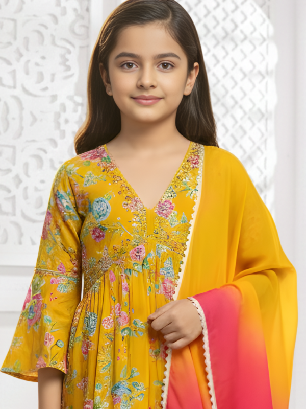 Girls' Sunny Yellow Floral Print Kurta and Palazzo Set with Ombré Dupatta
