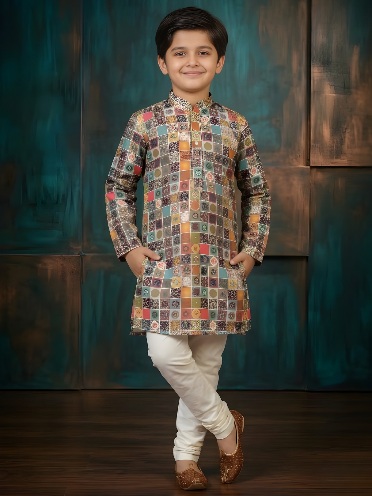Boys' Multi-Color Mosaic Tile Print Kurta with Cream Pyjama Set.