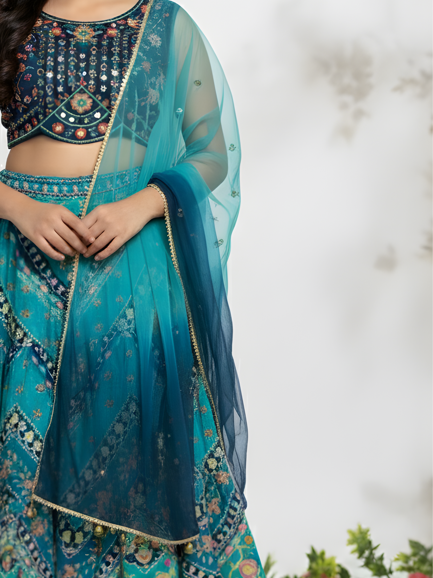 Girls' Navy Blue Embroidered Choli, Teal Print Lehenga & Ombre Dupatta Set