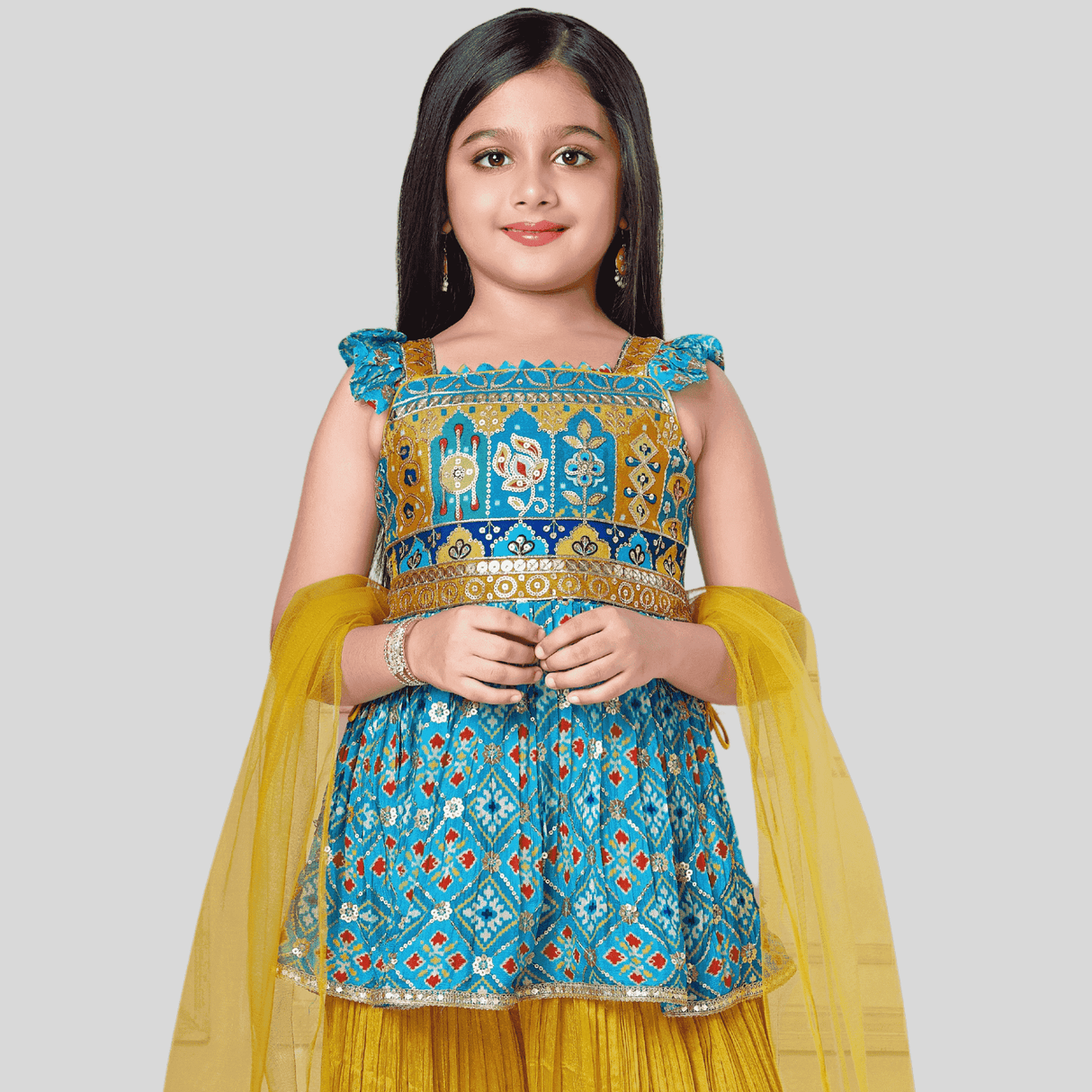 Girls Traditional Sleeves Less Plazo Set - Blue.