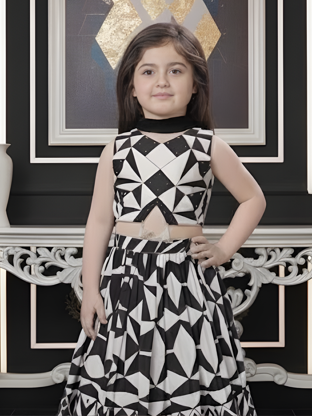 Girls' Black and White Geometric Print Crop Top and Lehenga Choli Set